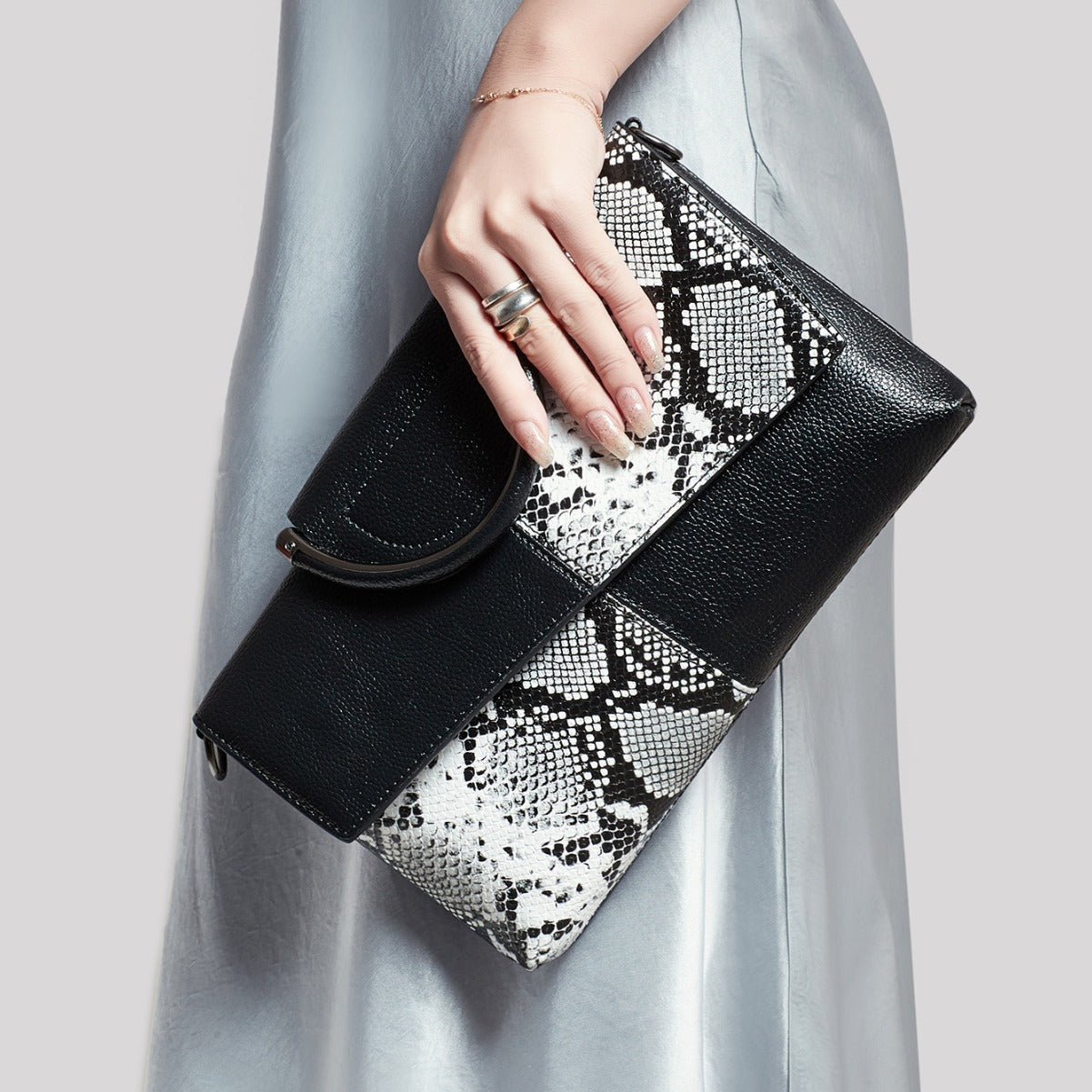 Black and White Elegant crocodile embossed clutch - with metal top handle and shoulder strap 6