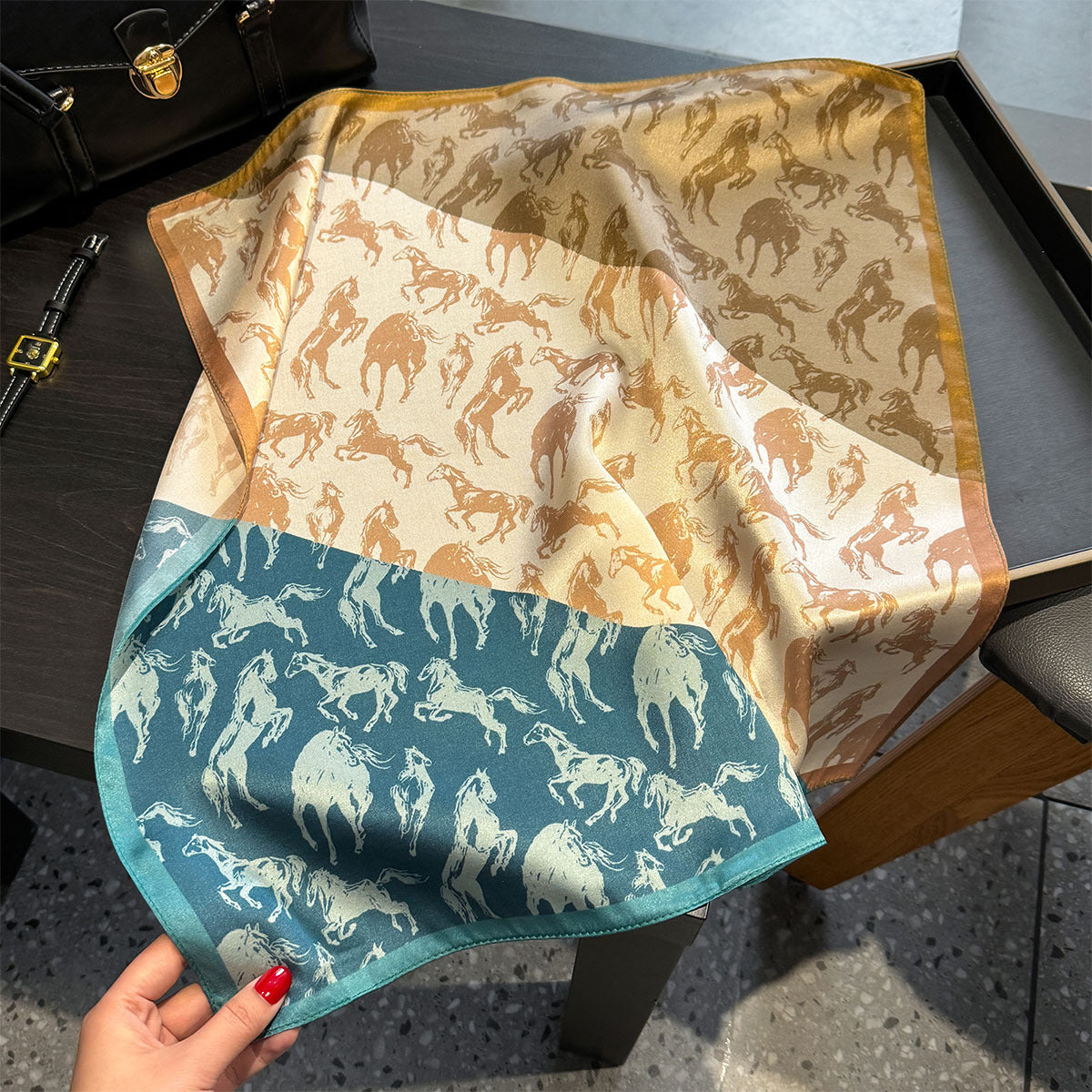 Stitching horse pattern Women's silk scarves, accessories for all seasons 3