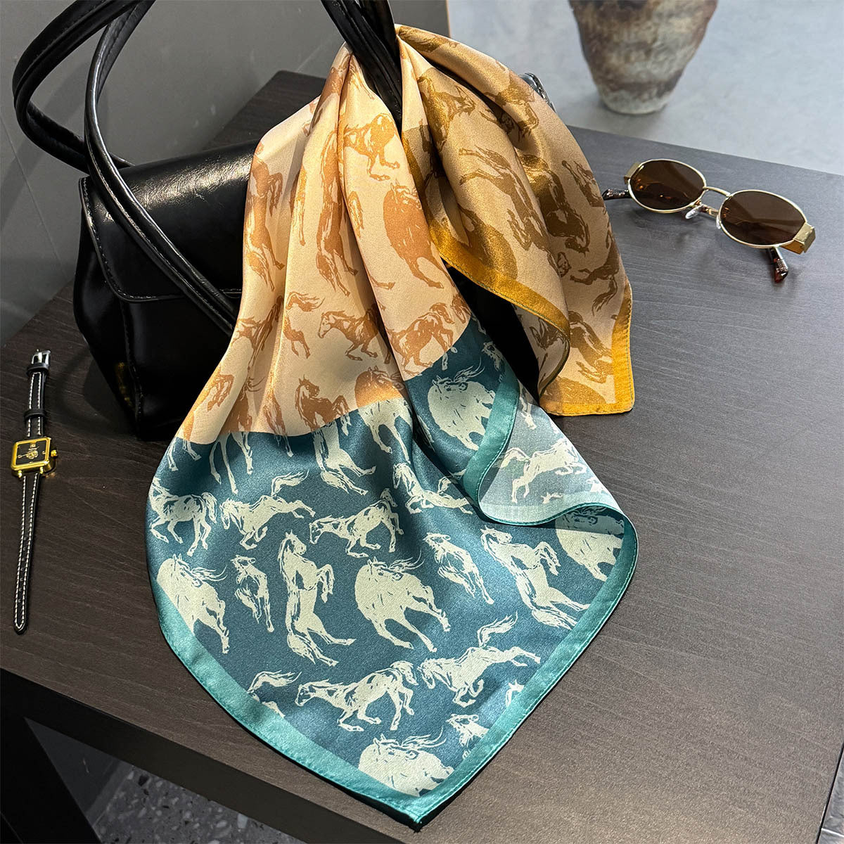 Stitching horse pattern Women's silk scarves, accessories for all seasons 4