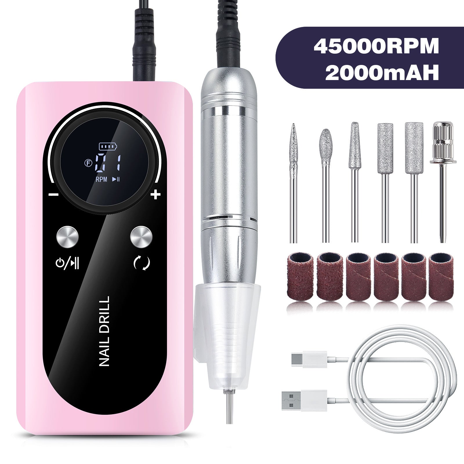 Pink Professional 45000RPM Rechargeable Nail Drill - Portable Electric Nail File for Manicure & Pedicure