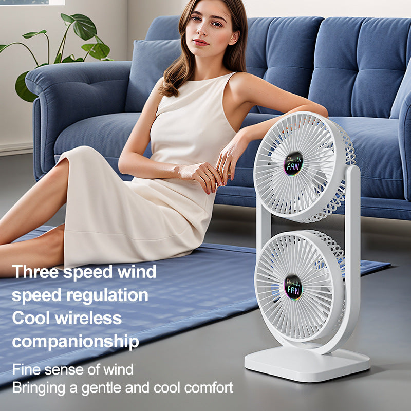 White Dual Head USB Rechargeable Desk Fan - Portable Double Air Circulator 3