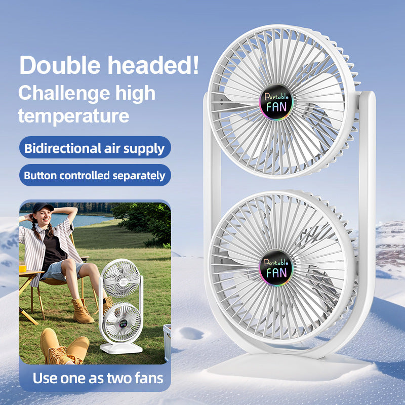 White Dual Head USB Rechargeable Desk Fan - Portable Double Air Circulator 5