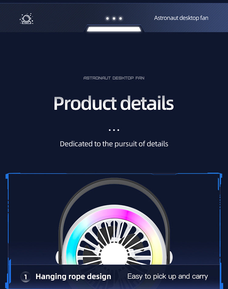 White Astronaut Portable Fan - USB Rechargeable Desk Fan with RGB Night Light 5