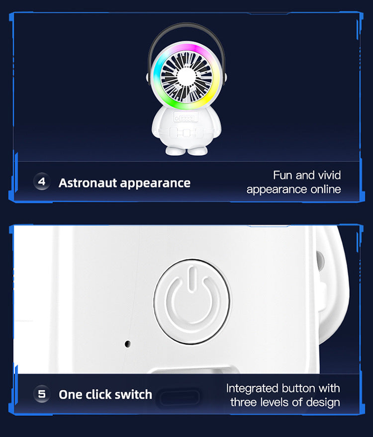 White Astronaut Portable Fan - USB Rechargeable Desk Fan with RGB Night Light 7