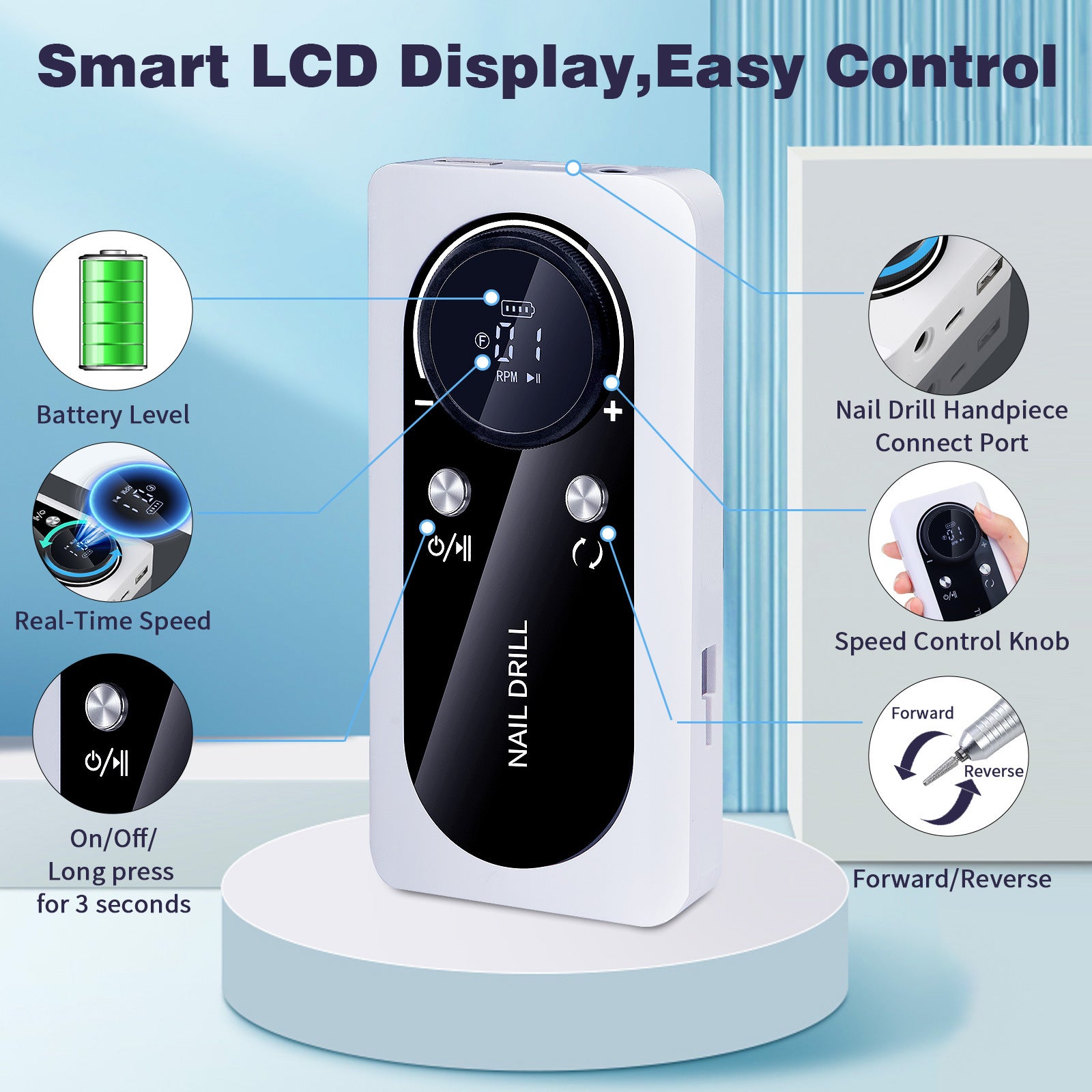 Pink+Blue Portable Electric Nail Drill - Rechargeable, Adjustable Speed, Low Vibration 6