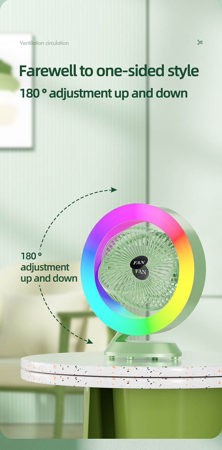 Green RGB Desktop Fan - USB Rechargeable, 3-Speed, 180° Adjustable, LED Light 6