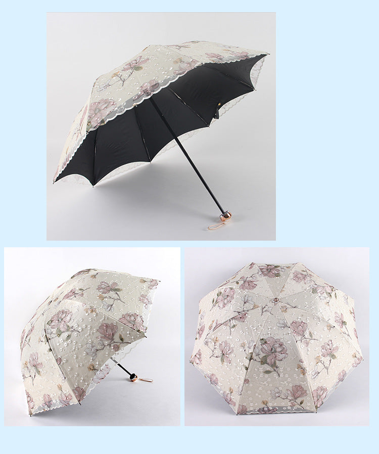 Apricot yellow Elegant Lace Parasol - UV Protection, Sun & Rain Umbrella, Tri-Fold Design 3