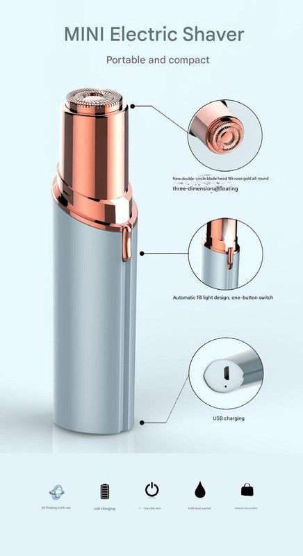 Champagne Gold Mini Lipstick Electric Shaver - USB Rechargeable Facial Hair Remover 3