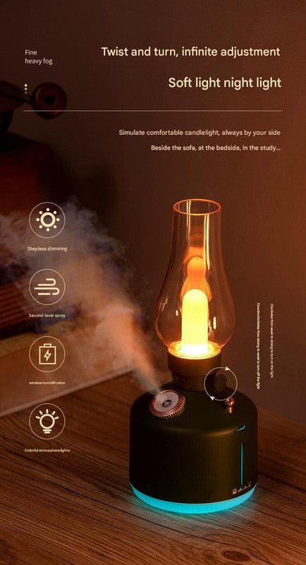 Black Retro Kerosene Lamp Humidifier - Rechargeable Cool Mist Maker with Dimmable Light 3