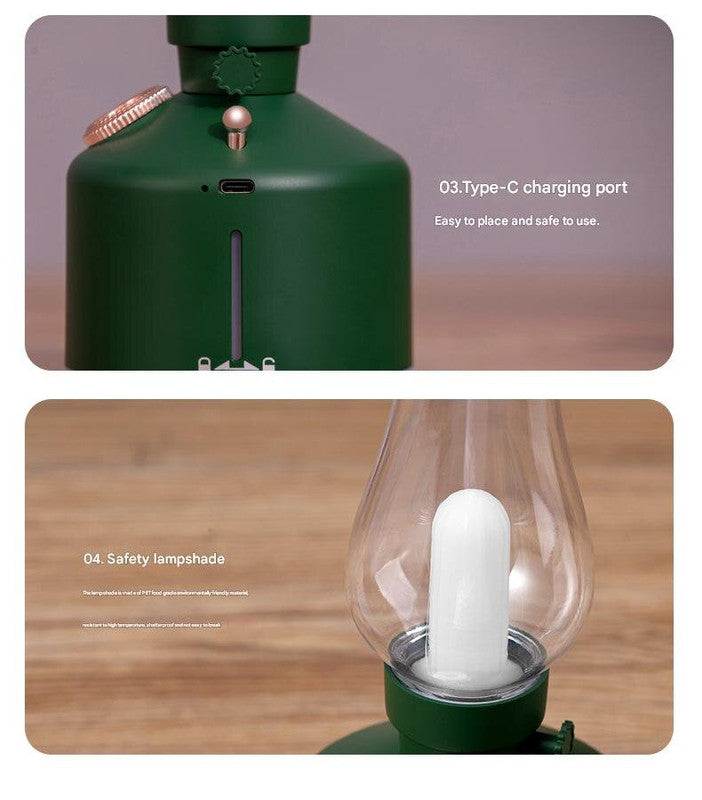 Black Retro Kerosene Lamp Humidifier - Rechargeable Cool Mist Maker with Dimmable Light 8