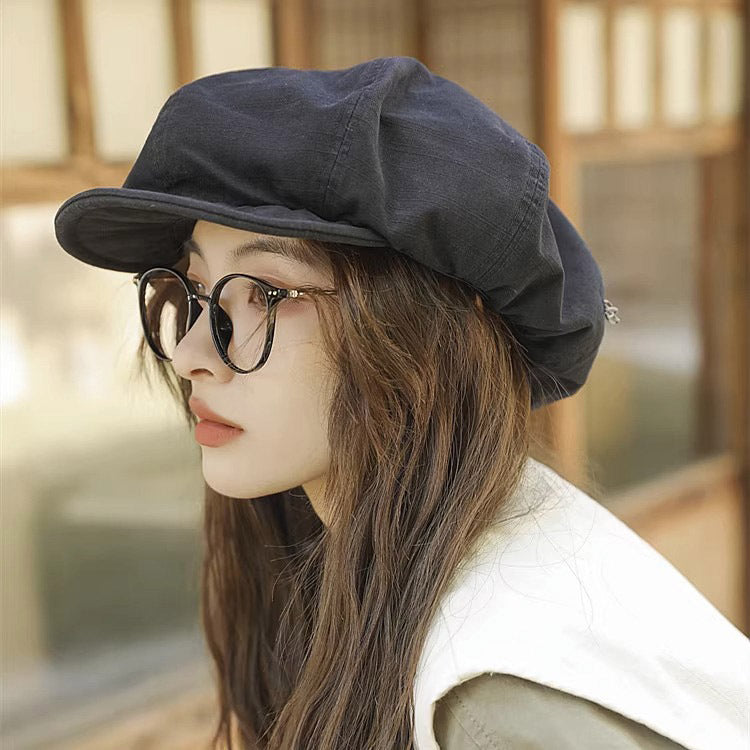 Black Women's Vintage Style Baker Boy Cap - Soft Cotton Linen Blend 3