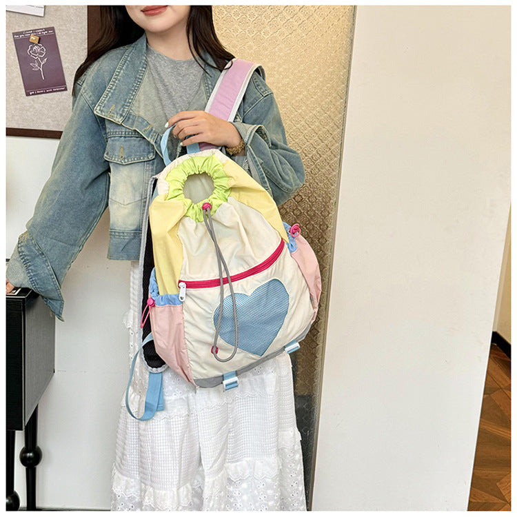 Yellow Colorblock Drawstring Backpack - Lightweight Nylon Bag with Heart Mesh Pocket 3