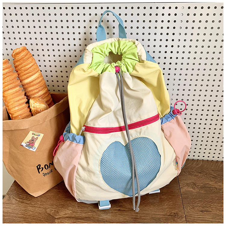 Yellow Colorblock Drawstring Backpack - Lightweight Nylon Bag with Heart Mesh Pocket 4