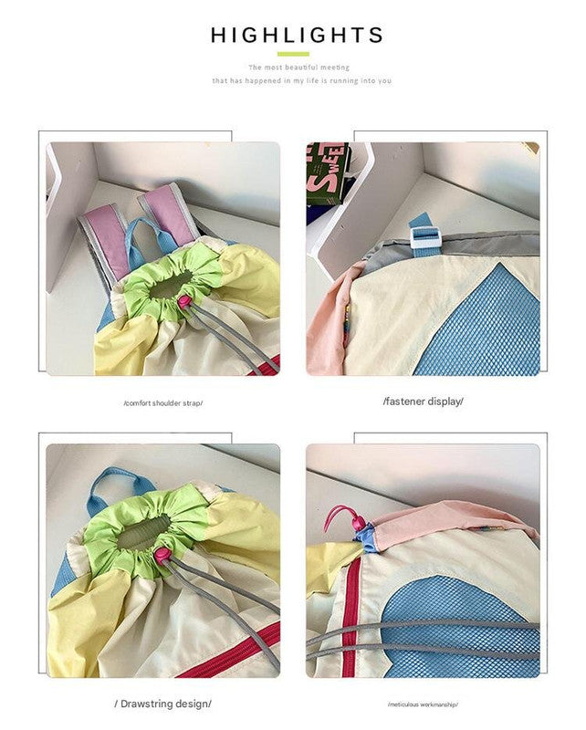 Yellow Colorblock Drawstring Backpack - Lightweight Nylon Bag with Heart Mesh Pocket 5