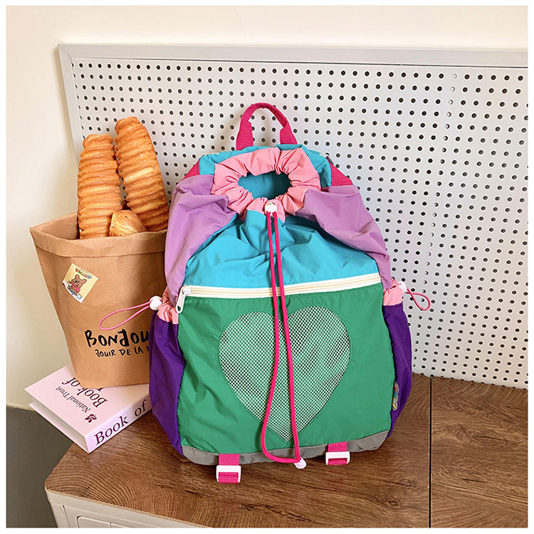 Green Colorblock Drawstring Backpack - Lightweight Nylon Bag with Heart Mesh Pocket 3