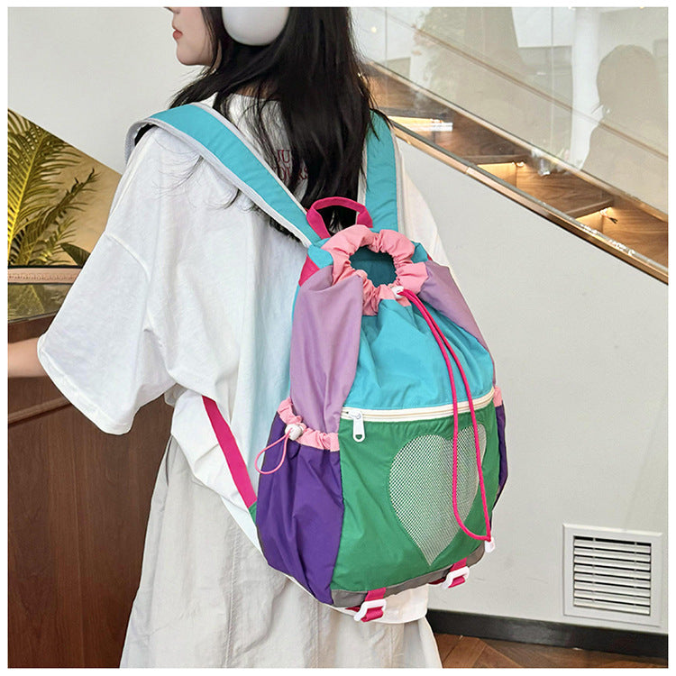 Green Colorblock Drawstring Backpack - Lightweight Nylon Bag with Heart Mesh Pocket 4