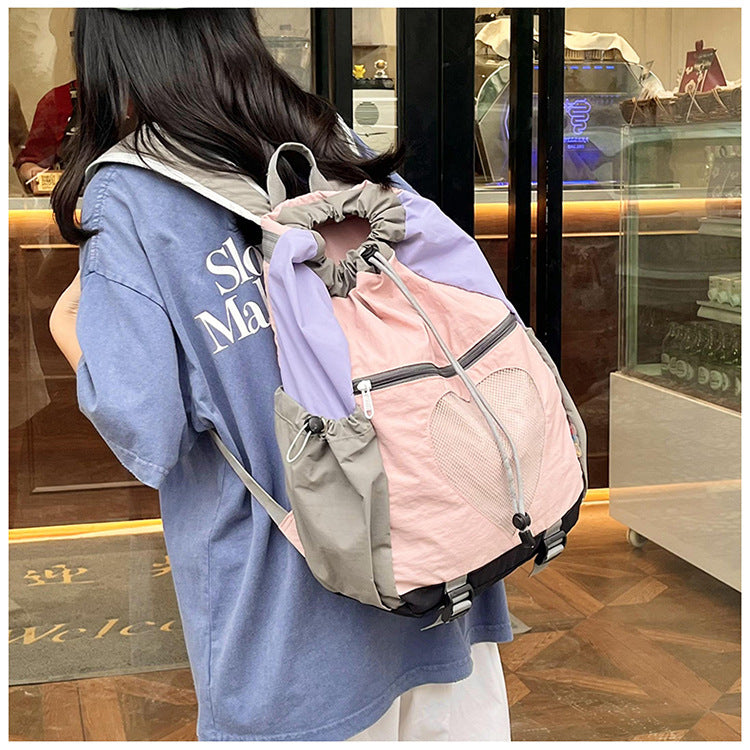 Pink Colorblock Drawstring Backpack - Lightweight Nylon Bag with Heart Mesh Pocket 3
