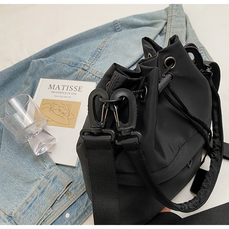 Black Casual Nylon Drawstring Bucket Bag - Adjustable Strap Crossbody Purse 3