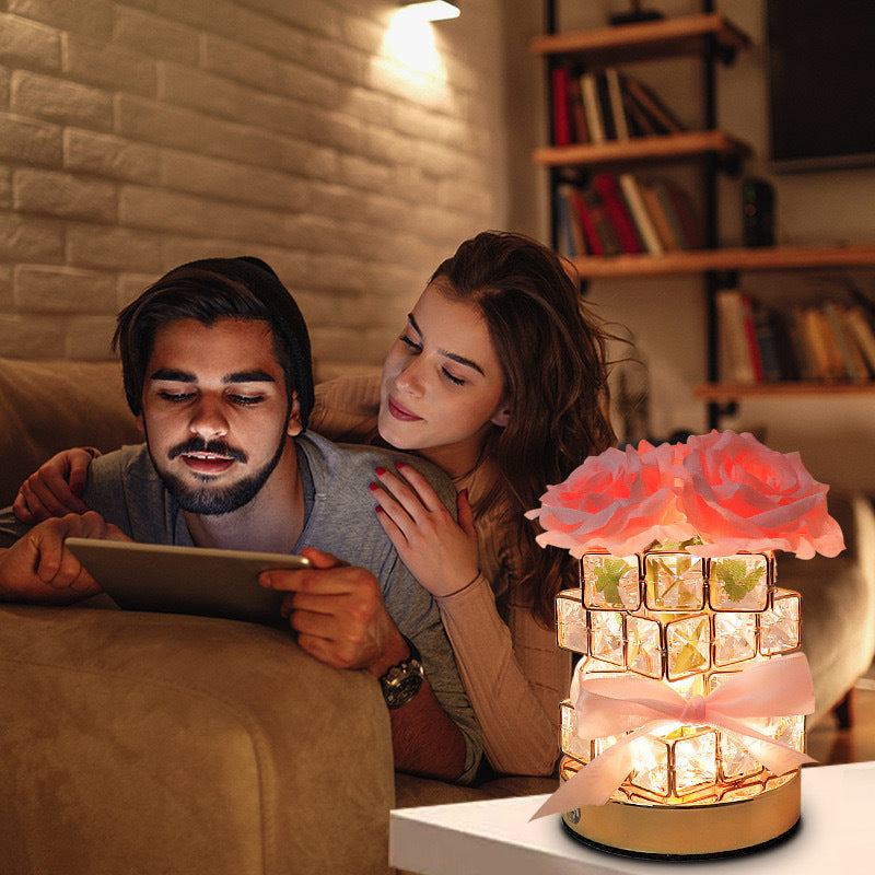 Pink Rose LED Crystal Flower Table Lamp - USB Rechargeable Touch Control Night Light 3