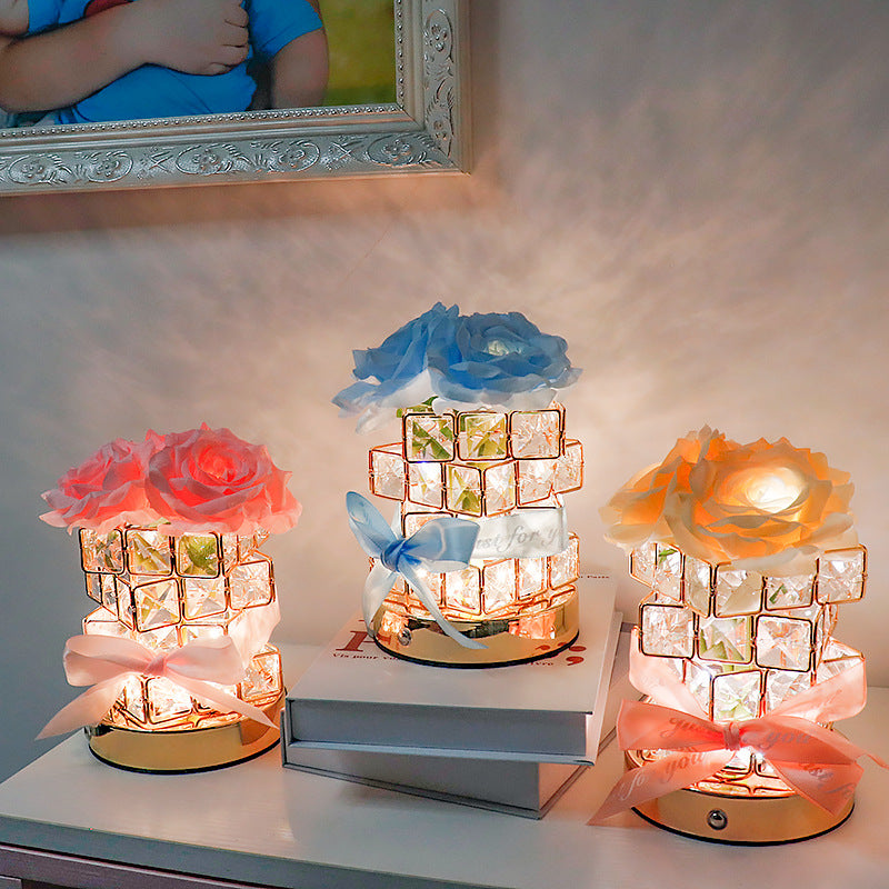 Pink Rose LED Crystal Flower Table Lamp - USB Rechargeable Touch Control Night Light 4