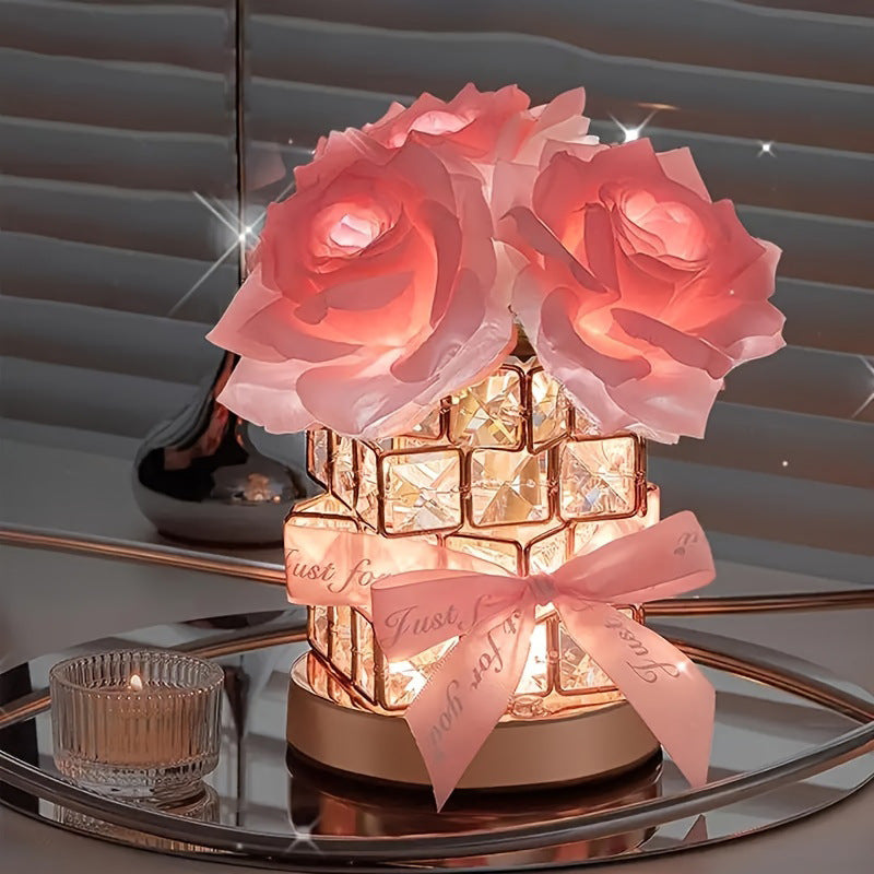 Pink Rose LED Crystal Flower Table Lamp - USB Rechargeable Touch Control Night Light 5