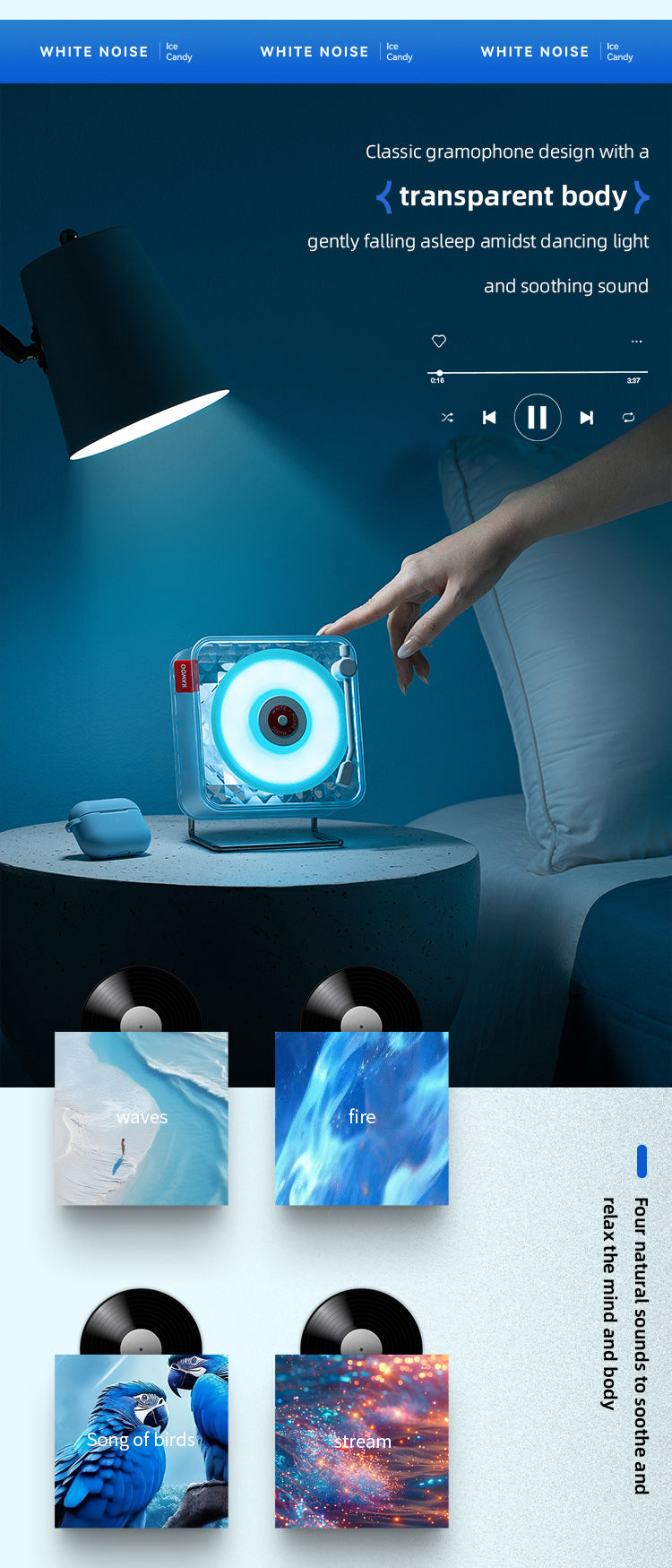 Black Retro Bluetooth Speaker - Transparent Vinyl Design with RGB Light 4