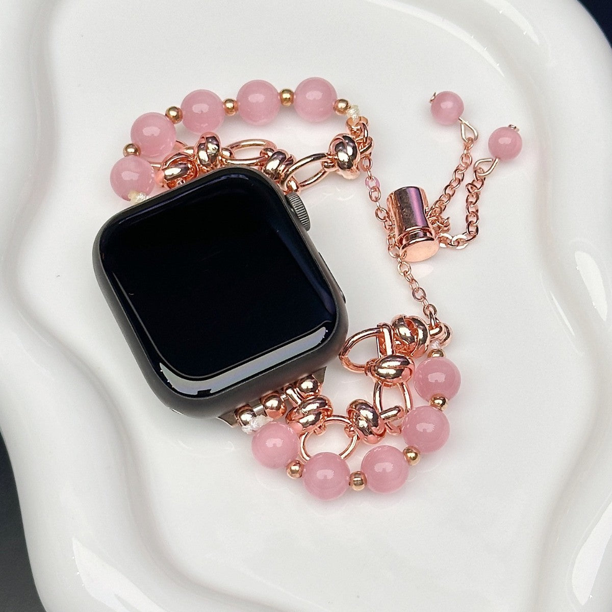 2-pcs Pink Elegant Cat's Eye Beaded Bracelet Band for Apple Watch - Women's Luxury Strap (Compatible Size :38/40/41MM ) 3
