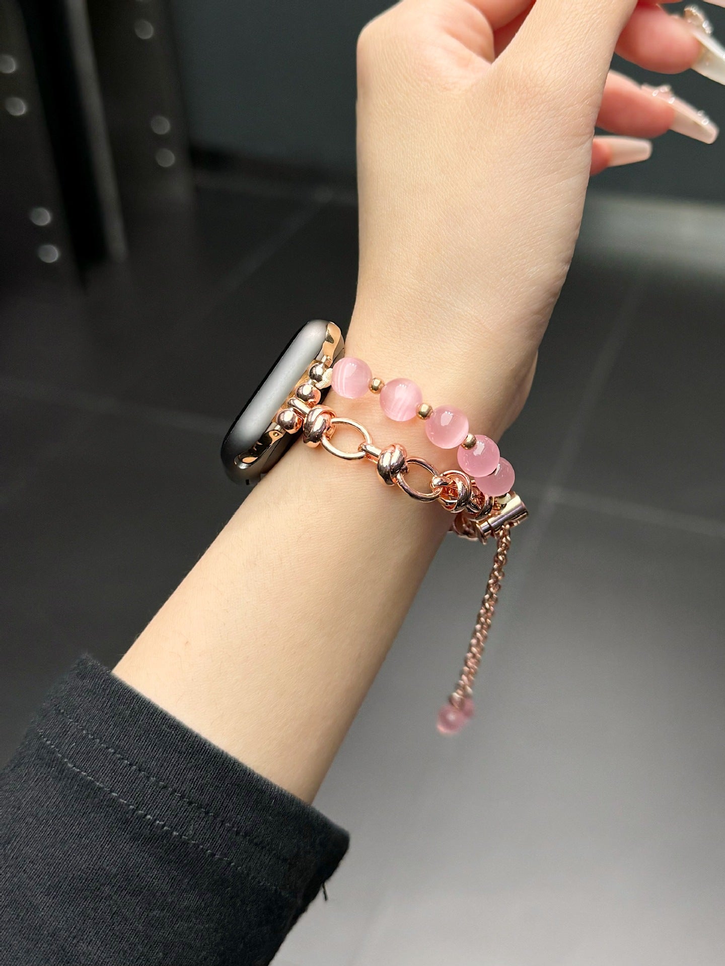 2-pcs Pink Elegant Cat's Eye Beaded Bracelet Band for Apple Watch - Women's Luxury Strap (Compatible Size :38/40/41MM ) 5