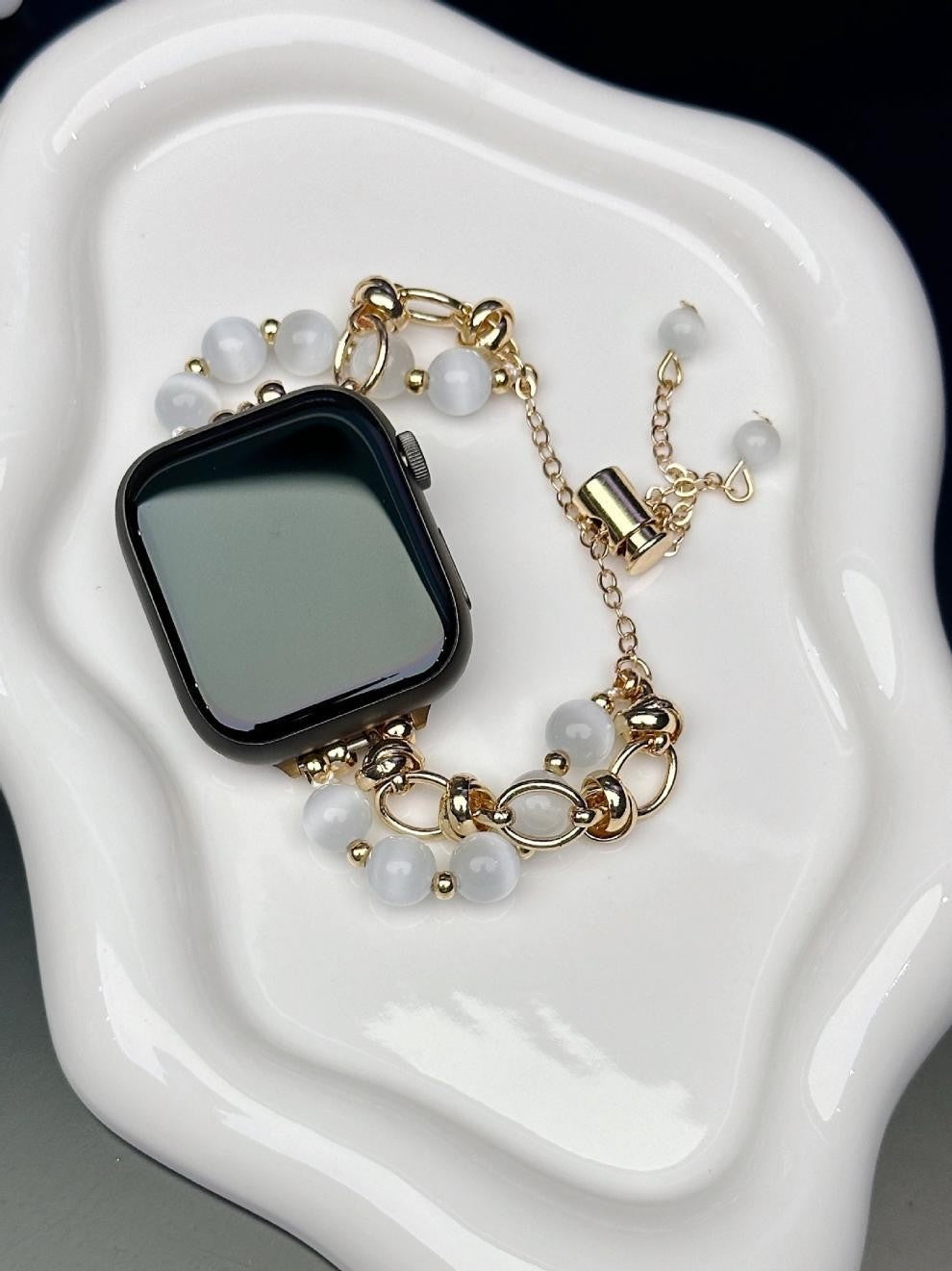 2-pcs Gold chain with white beads Elegant Cat's Eye Beaded Bracelet Band for Apple Watch - Women's Luxury Strap (Compatible Size :38/40/41MM ) 3