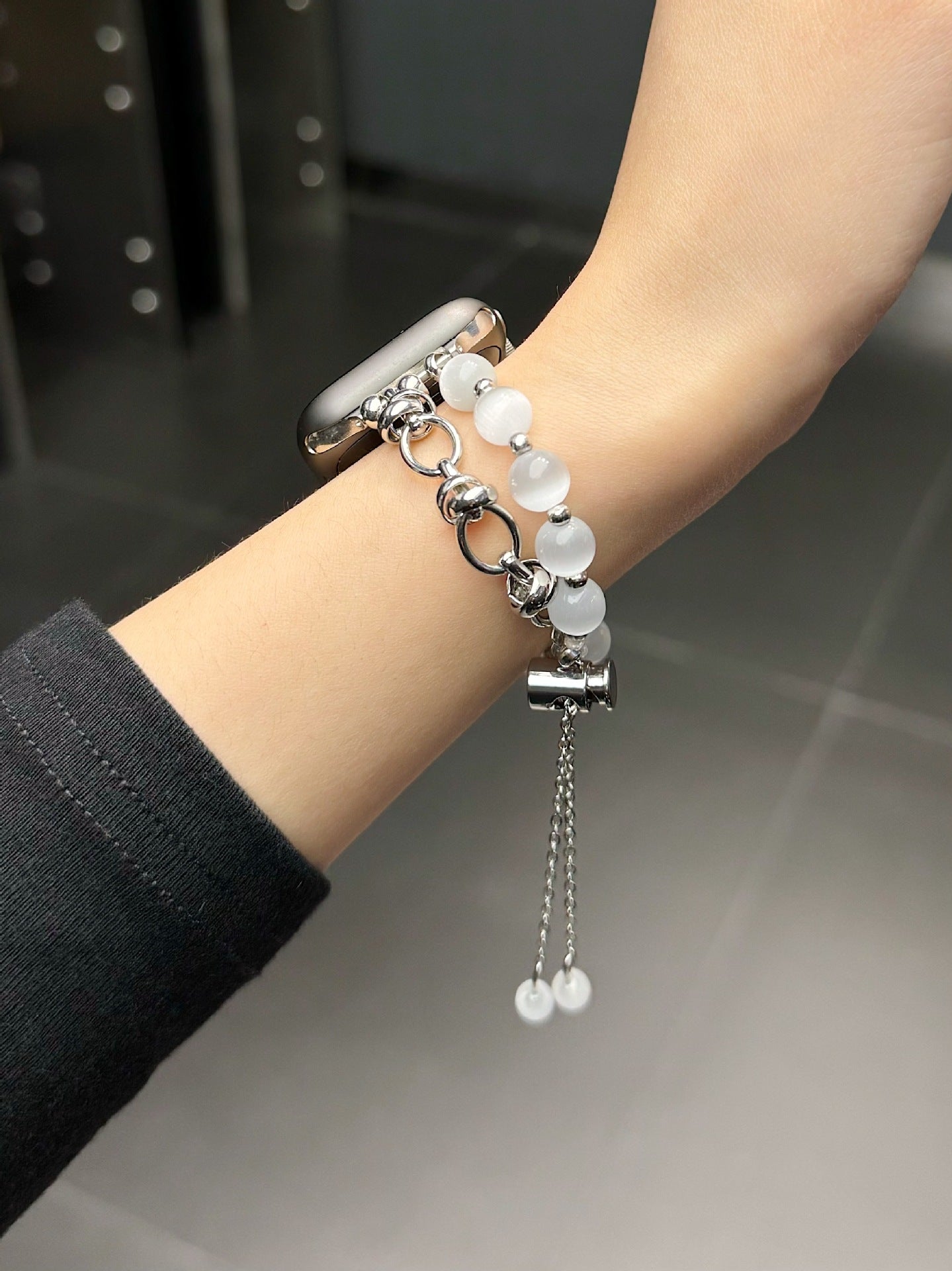 2-pcs Silver Elegant Cat's Eye Beaded Bracelet Band for Apple Watch - Women's Luxury Strap (Compatible Size :38/40/41MM ) 4