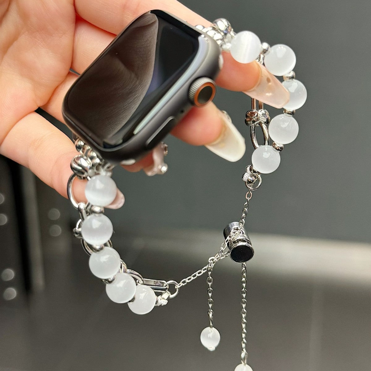 2-pcs Silver Elegant Cat's Eye Beaded Bracelet Band for Apple Watch - Women's Luxury Strap (Compatible Size :38/40/41MM ) 5
