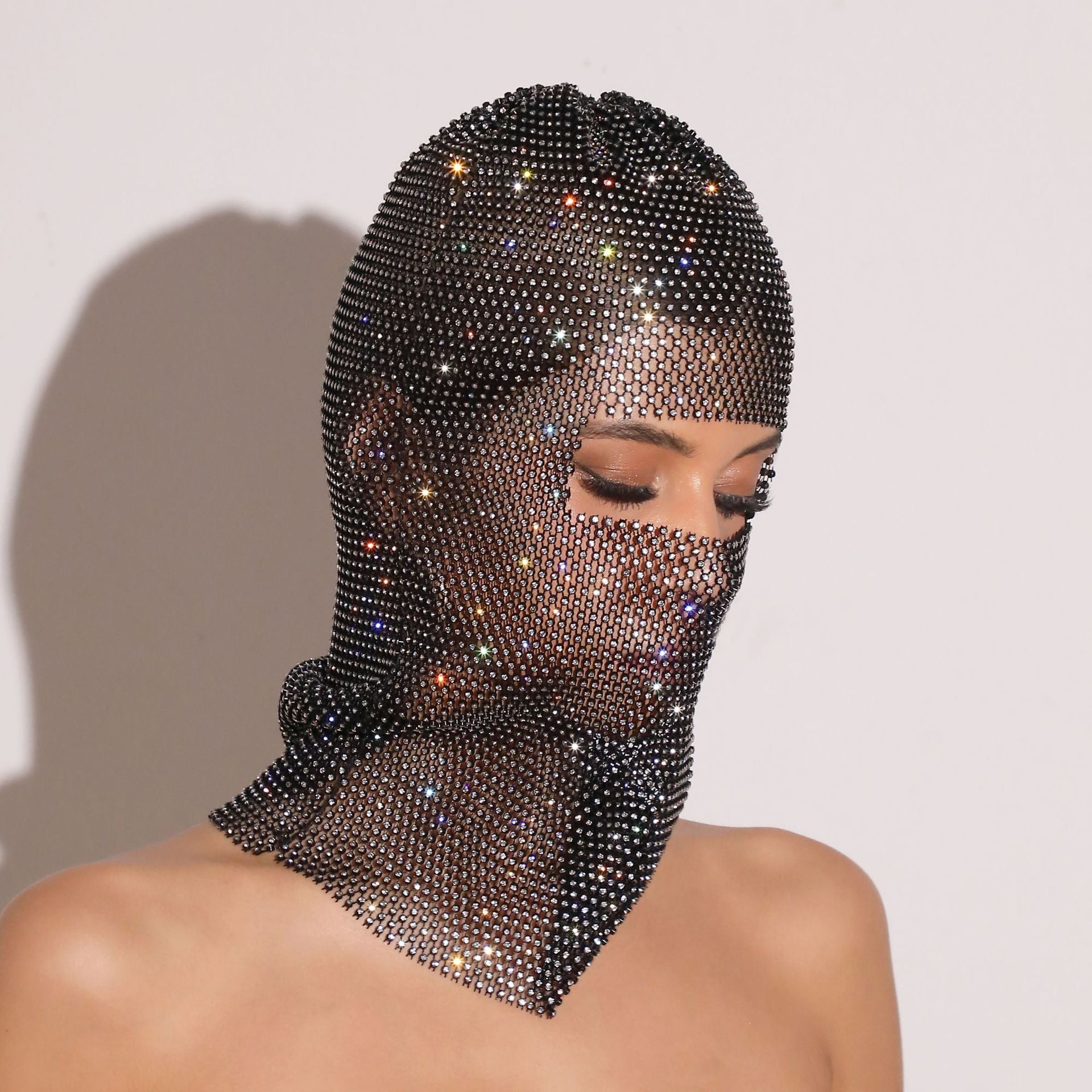White Glitter Rhinestone Face Balaclava - Trendy Music Festival Head Cover, 37cm 3