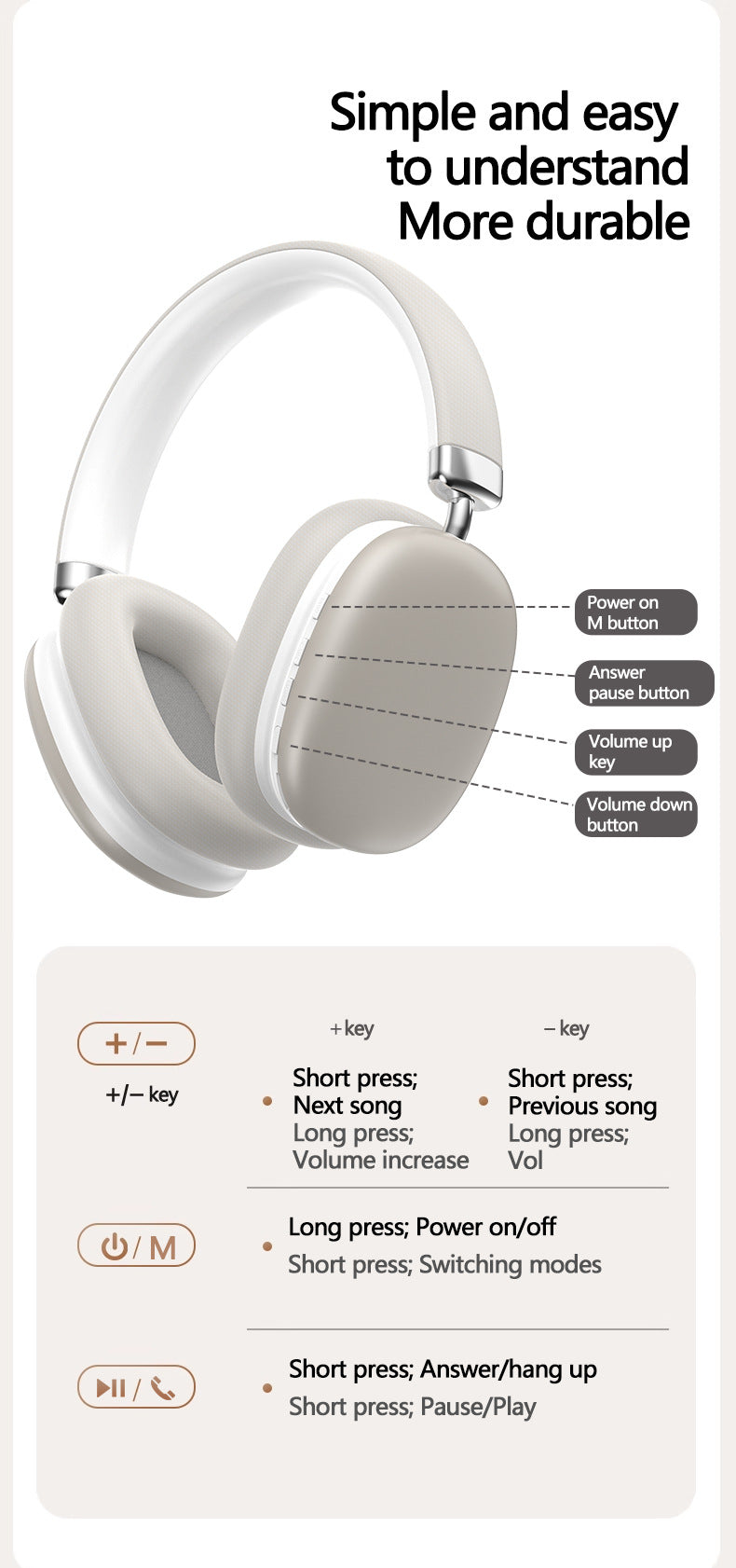 Beige Wireless Bluetooth Headphones - Over-Ear, Deep Bass, Foldable, Long Battery Life 15