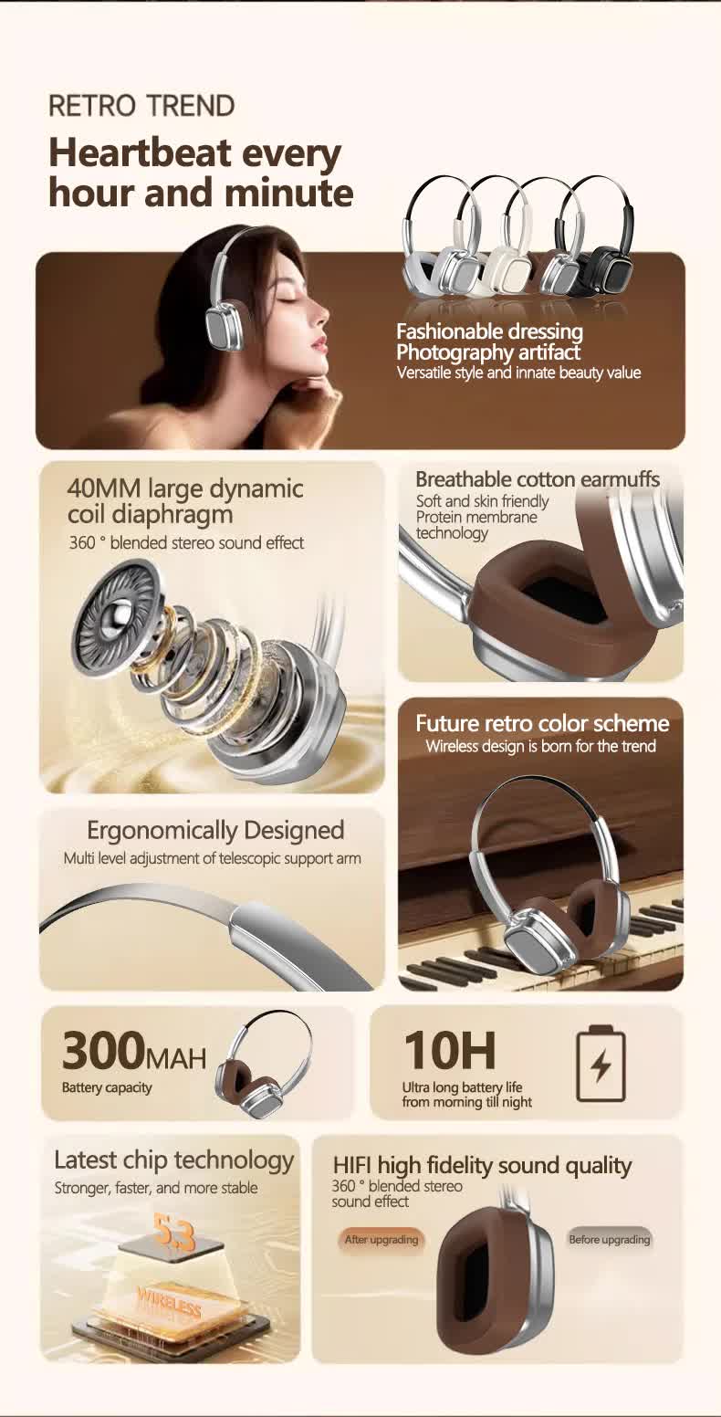 Beige Compact Retro Headphones - Wireless Bluetooth, Deep Bass, Immersive Sound 3