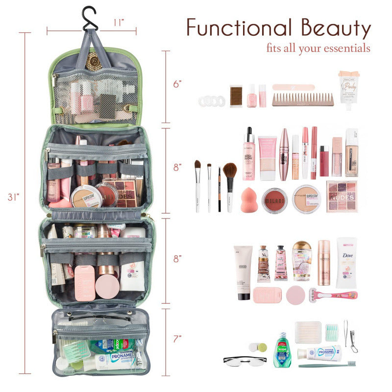 Green Stylish Travel Makeup Organizer Bag with Hanging Hook - Waterproof & Spacious Design 3