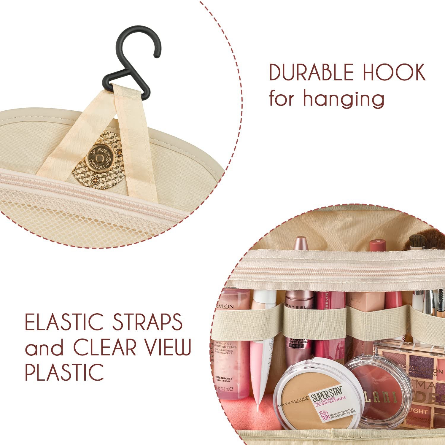 Beige Stylish Travel Makeup Organizer Bag with Hanging Hook - Waterproof & Spacious Design 5