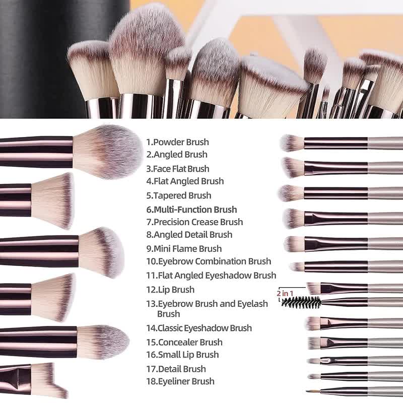 Pink 18-Piece Makeup Brush Set - Professional Synthetic Fiber Brushes with Wooden Handles for Flawless Beauty 12