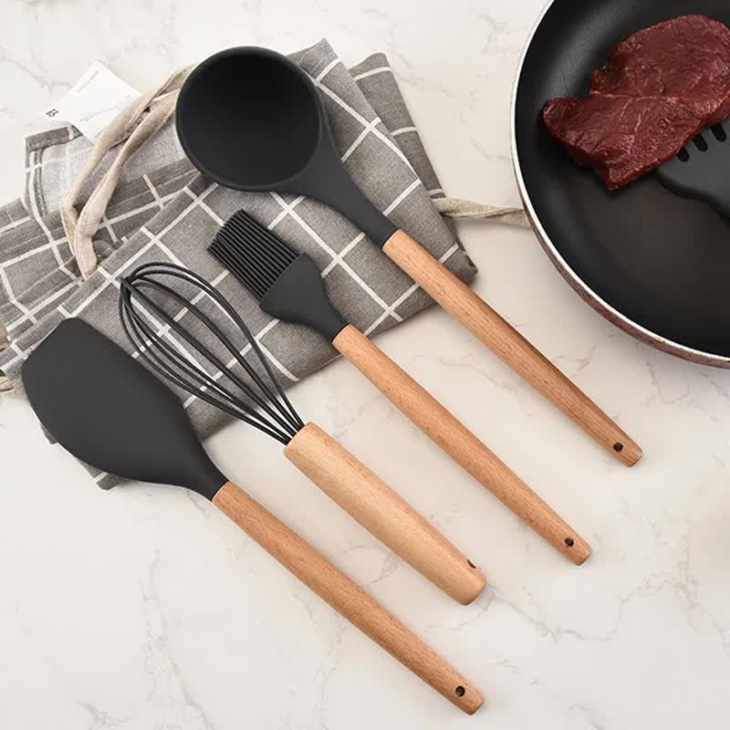 Black And Brown 12-Piece Silicone Kitchen Utensil Set - Non-Stick Food-Grade Silicone Cooking Tools with Wooden Handles and Holder 3