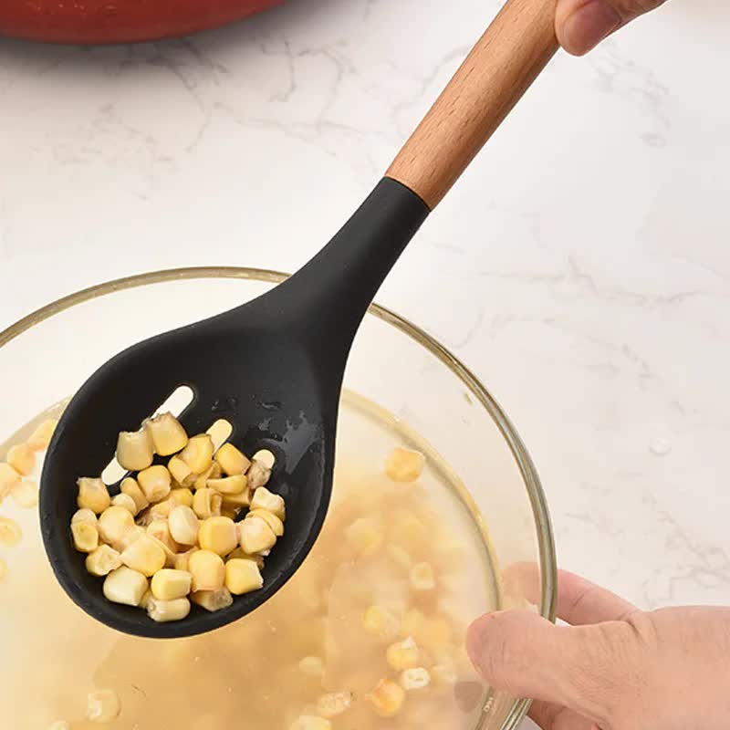 White And Brown 12-Piece Silicone Kitchen Utensil Set - Non-Stick Food-Grade Silicone Cooking Tools with Wooden Handles and Holder 7