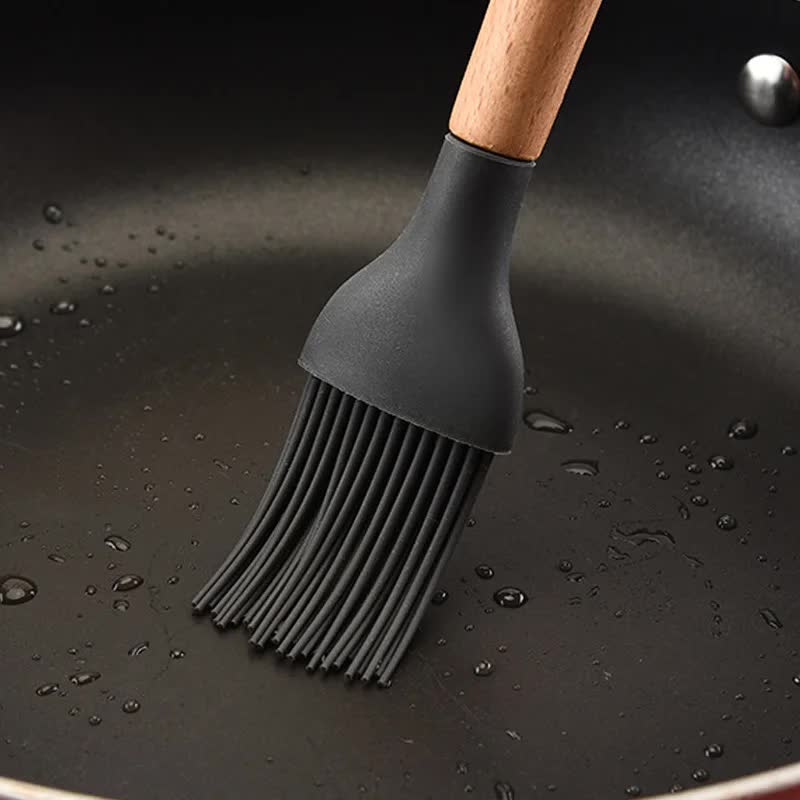 Dark Grey And Brown 12-Piece Silicone Kitchen Utensil Set - Non-Stick Food-Grade Silicone Cooking Tools with Wooden Handles and Holder 6