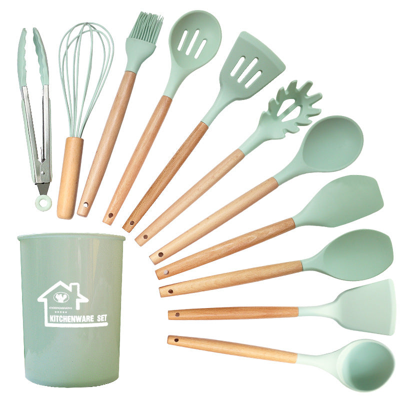Light Green And Brown 12-Piece Silicone Kitchen Utensil Set - Non-Stick Food-Grade Silicone Cooking Tools with Wooden Handles and Holder