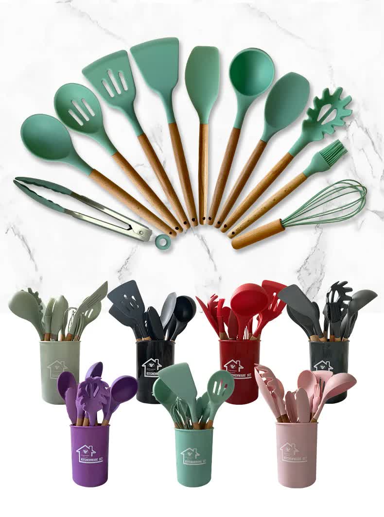 Light Green And Brown 12-Piece Silicone Kitchen Utensil Set - Non-Stick Food-Grade Silicone Cooking Tools with Wooden Handles and Holder 8