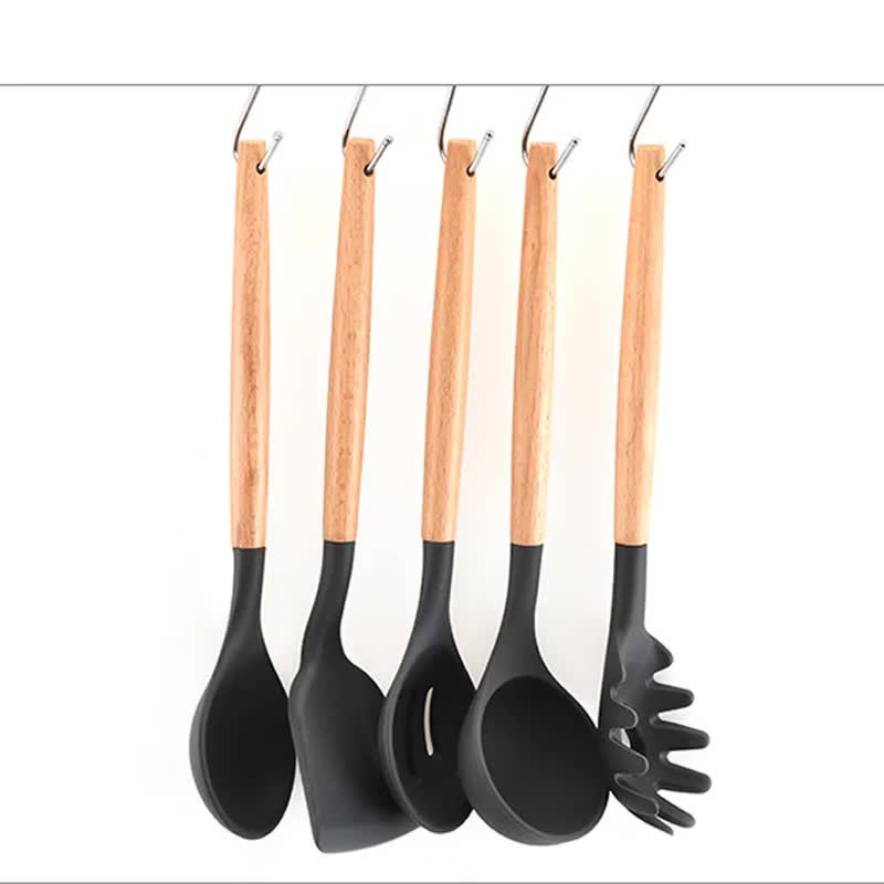 Purple And Brown 12-Piece Silicone Kitchen Utensil Set - Non-Stick Food-Grade Silicone Cooking Tools with Wooden Handles and Holder 5