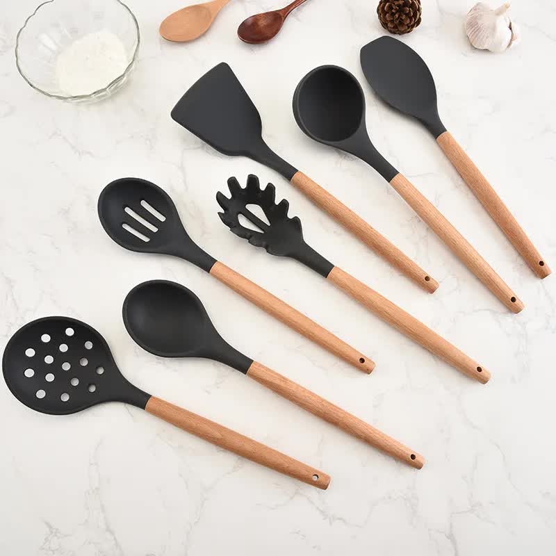 Khaki And Brown 12-Piece Silicone Kitchen Utensil Set - Non-Stick Food-Grade Silicone Cooking Tools with Wooden Handles and Holder 4
