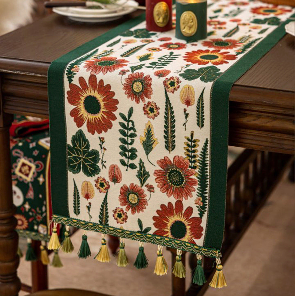 35x220cm Green Pastoral Table Runner - Spring Floral Oil Painting Style with Tassels