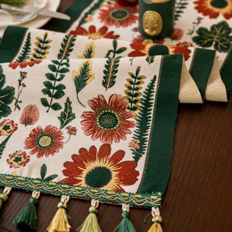 35x220cm Green Pastoral Table Runner - Spring Floral Oil Painting Style with Tassels 3