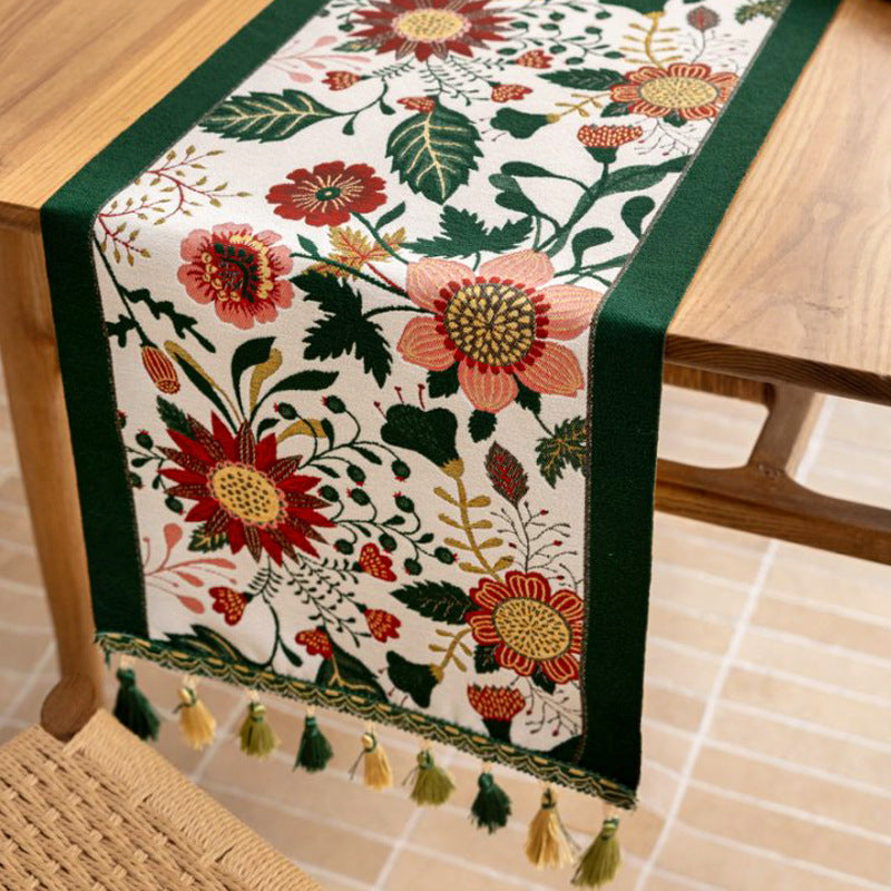 35x280cm Green Pastoral Table Runner - Spring Floral Oil Painting Style with Tassels 4