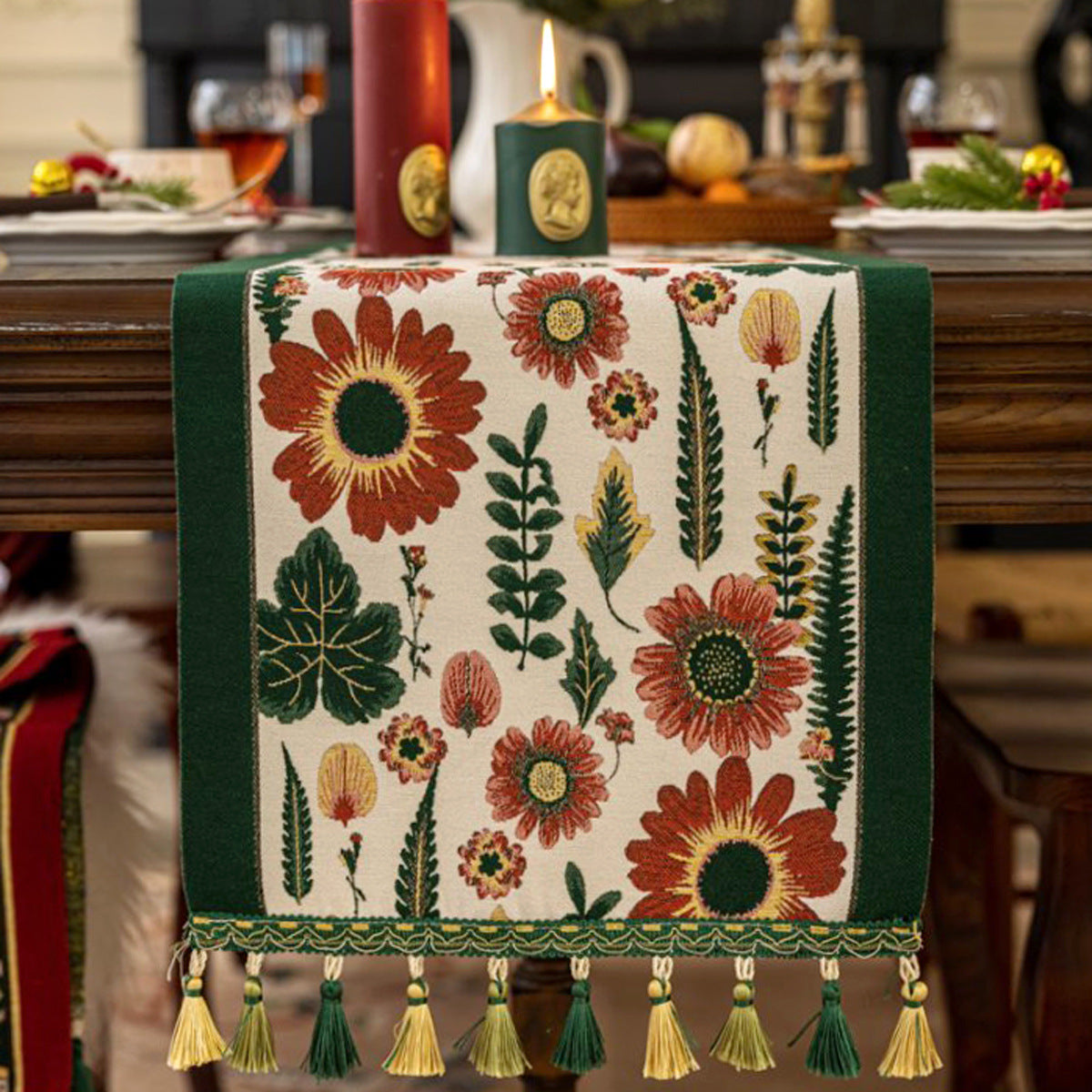 35x330cm Green Pastoral Table Runner - Spring Floral Oil Painting Style with Tassels