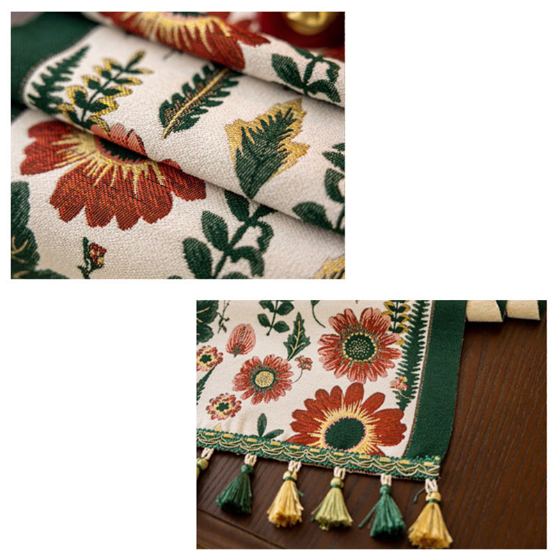 35x330cm Green Pastoral Table Runner - Spring Floral Oil Painting Style with Tassels 5