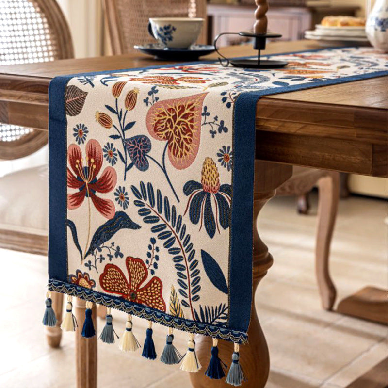 35x120cm Blue Pastoral Table Runner - Spring Floral Oil Painting Style with Tassels